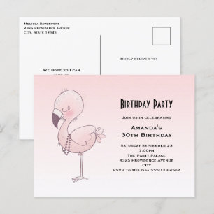 Carte Postale Flamant rose rose mignon Illustration fête d'anniv