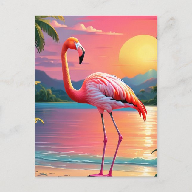 Carte Postale Flamant rose Sunset Tropical Beach (Devant)