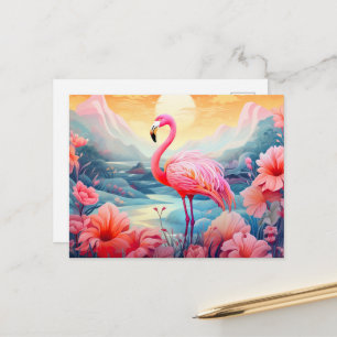 Carte Postale Flamant Tropical avec Fleurs