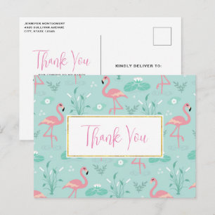 Carte Postale Flamants roses rose pastel Merci Motif vert