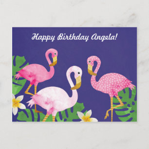 Carte Postale Flamants roses rose tropicale sur violet