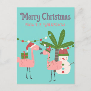 Carte Postale Flamants roses roses de Noël tropicaux sur Turquoi