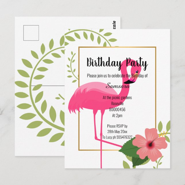 CARTE POSTALE FLAMINGO BRILLANT HIBISCUS BLANC OR ANNIVERSAIRE (Devant / Derrière)