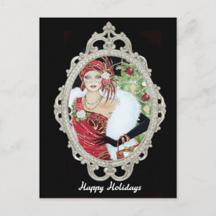 Carte Postale Flamme de Noël Fille éblouissante Robe Rouge & Or