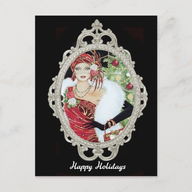 Carte Postale Flamme de Noël Fille éblouissante Robe Rouge & Or (Devant)