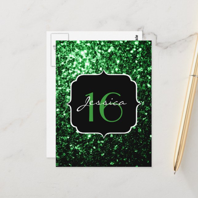 Carte Postale Flamme de parties scintillant vert foncé brille do (Devant/Arrière en situation)