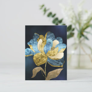 Carte Postale Fleur Abstraite bleue et or avec pétales texturés