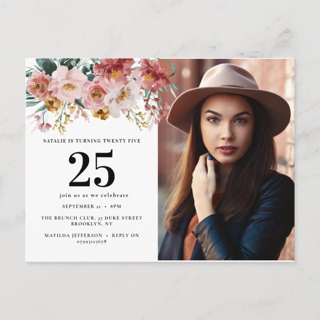 Carte Postale Fleur aquarelle girly photo modifiable âge (Devant)