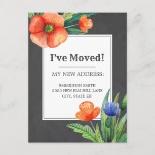 Carte Postale Fleur bleue orange Tableau noir Changement d'adres