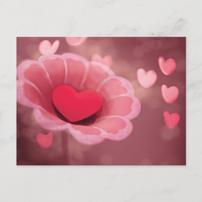 Carte Postale Fleur coeur en papier rose et rouge fait main (Devant)