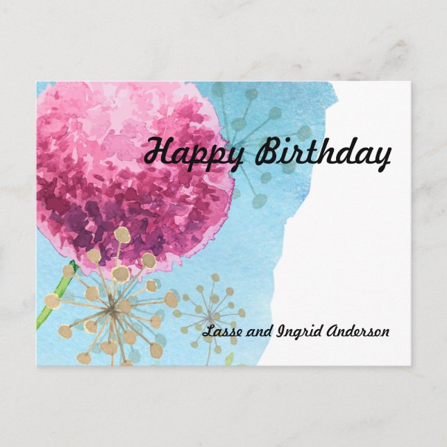 Carte Postale Fleur d'Allium aquarelle, Bleu, Violet, Or (Devant)