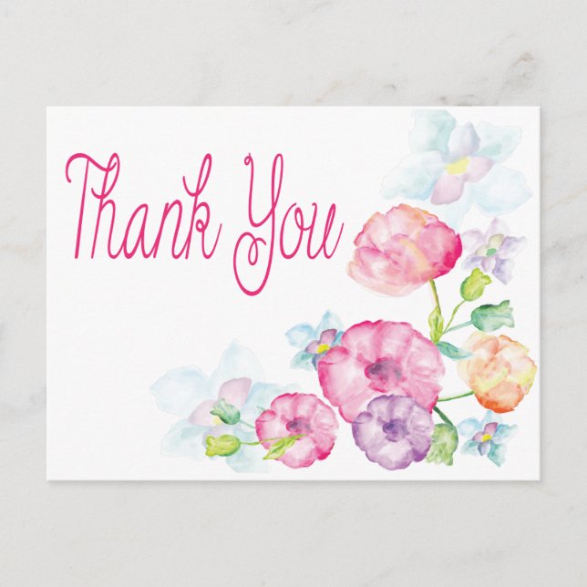 Carte Postale Fleur d'aquarelle rose et violet en Merci floral (Devant)