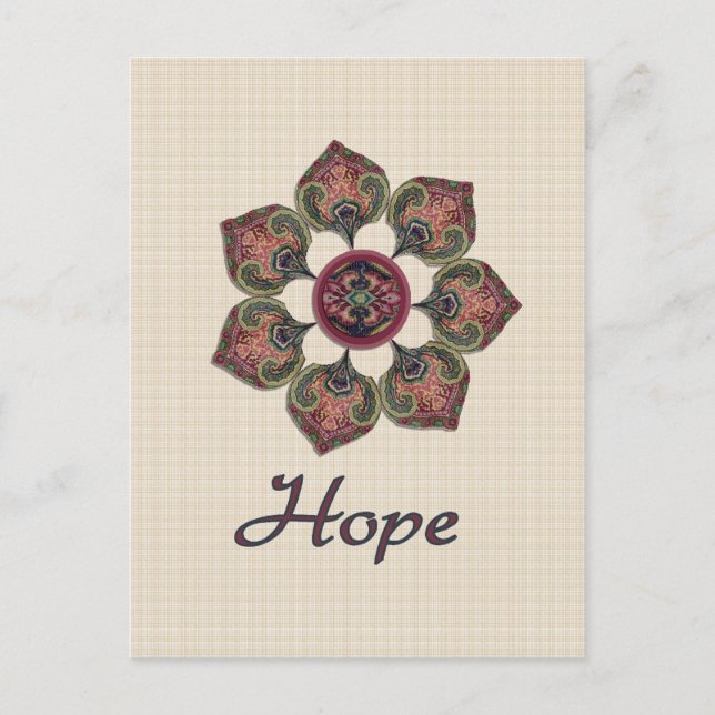 Carte Postale Fleur de collage de tissu HOPE rouge et bleu (Devant)