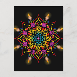 Carte Postale Fleur de Diwali Rangoli avec lampes à huile