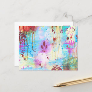 Carte Postale Fleur de Lis Abstrait Fun Art Whimsical Coloré