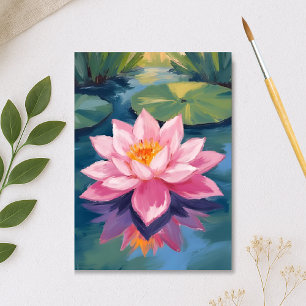 Carte Postale Fleur de lotus Nénuphar rose Aquarelle Étang