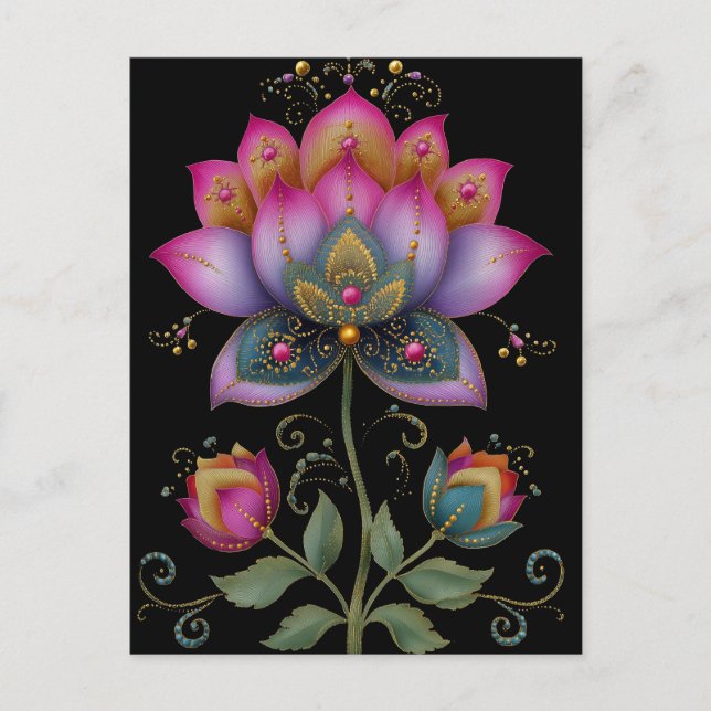 Carte Postale Fleur de lotus vibrante Mehndi indien rose bleu or (Devant)