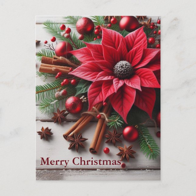 Carte Postale Fleur de Noël rouge en bois blanc traditionnel (Devant)