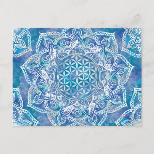 Carte Postale Fleur de Vie en Lotus - Aquarelle Bleue