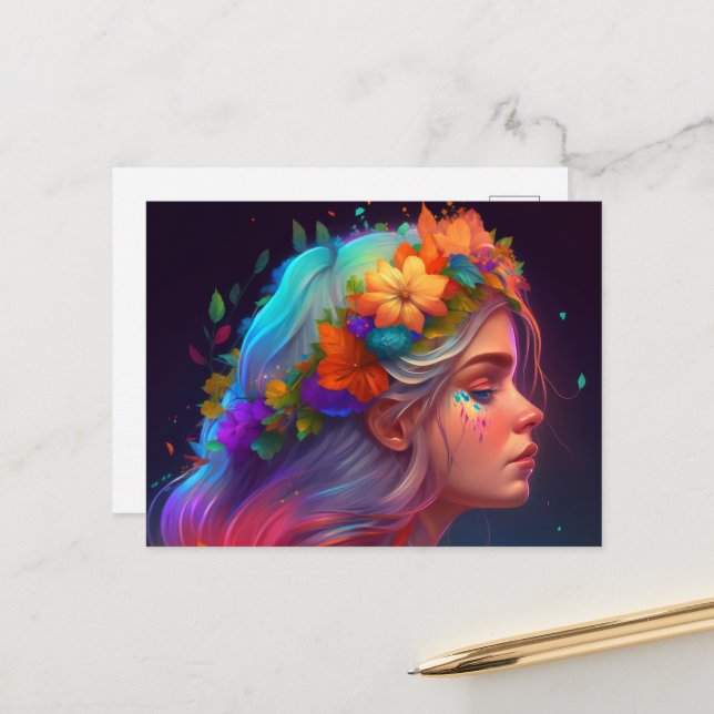 Carte Postale Fleur orange Couronne arc-en-ciel fille (Devant/Arrière en situation)