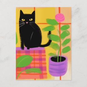 Carte Postale Fleur rose Chat noir mignon