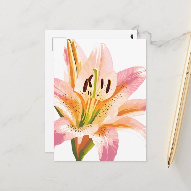 Carte Postale Fleur rose Lily | Aquarelle peinture florale (Devant/Arrière en situation)