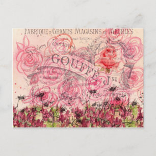 Carte Postale Fleur rose rose française aquarelle collage