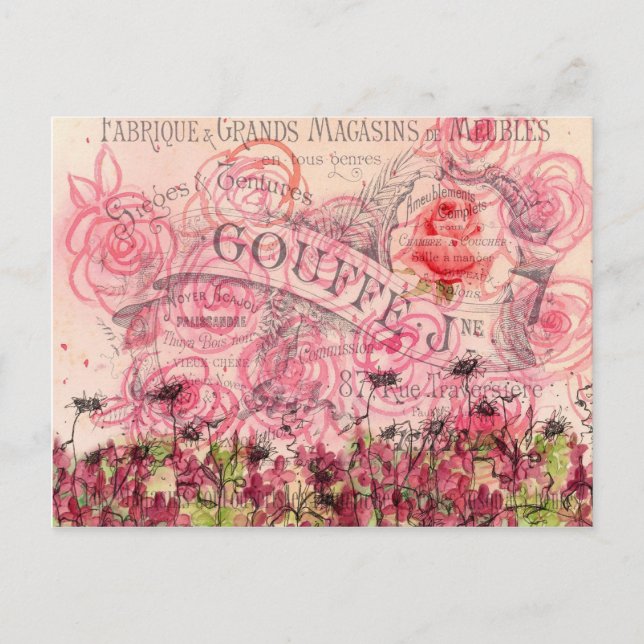 Carte Postale Fleur rose rose française aquarelle collage (Devant)