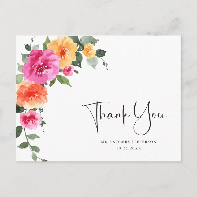 Carte Postale Fleur rose vif de prairie à l'aquarelle Merci (Devant)