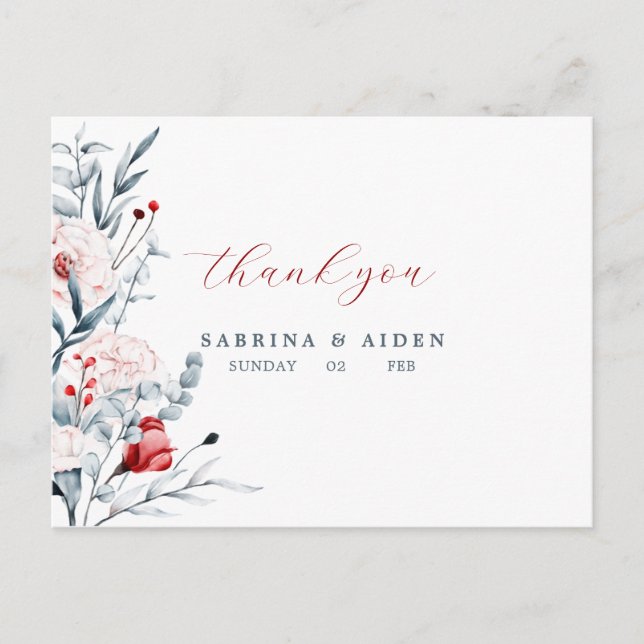 Carte Postale Fleur Rouge et Bleue Remerciements de Mariage Flor (Devant)