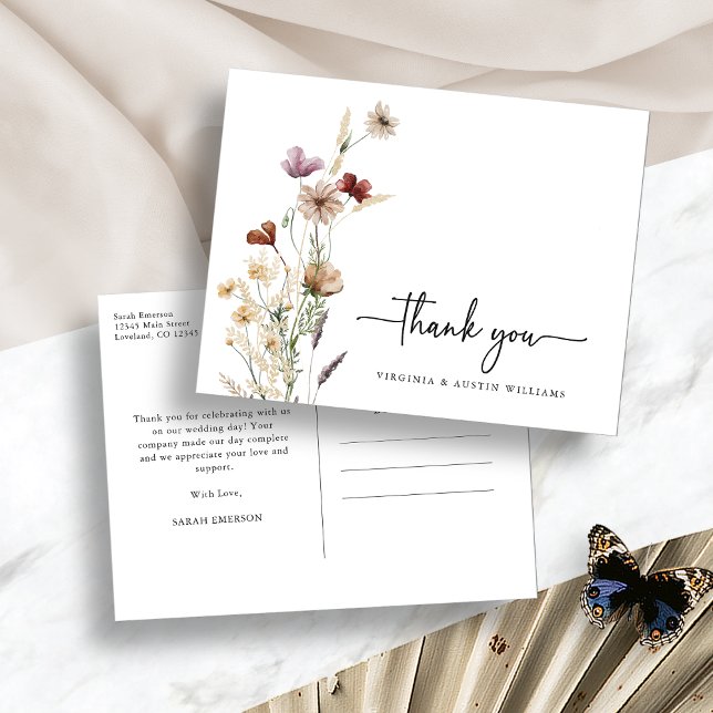 Carte Postale Fleur Sauvage de Remerciement Rustique (Rustic White Boho Thank You Wildflower Postcard by Painted Paperie
)