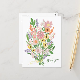 Carte Postale Fleur sauvage peint à la main Merci Gouache coloré
