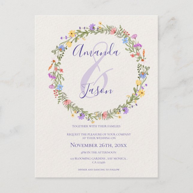 Carte Postale Fleur sauvage Wreath Joli Jaune violet Mariage (Devant)