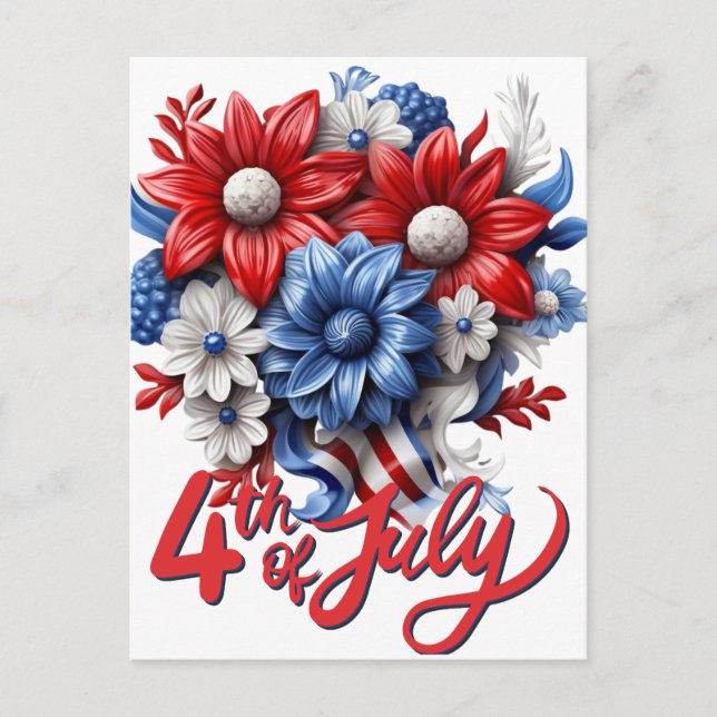 Carte Postale Fleurs 4 juillet en bleu blanc et bleu patriotique (Devant)