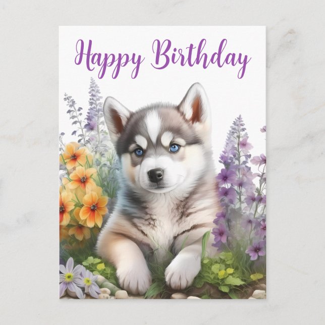 Carte Postale Fleurs à l'aquarelle et chiot husky sibérien (Devant)