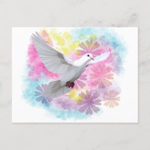 Carte Postale Fleurs Abstraites colorées Oiseau de colombe blanc