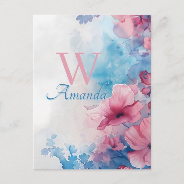 Carte Postale Fleurs Aquarelle douce en rose et bleu (Devant)