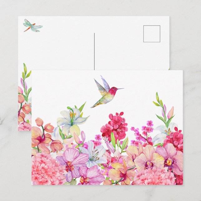 Carte Postale Fleurs aquarelle jardin d'oiseaux (Devant / Derrière)