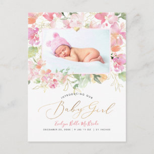 Carte Postale Fleurs aquarelle rose fille naissance PixDezines