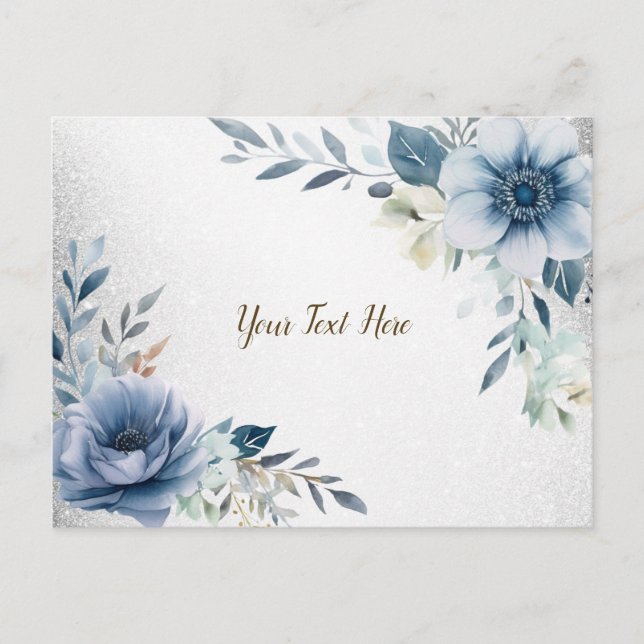 Carte Postale Fleurs aquarelles bleu poussiéreux Élégant argent (Devant)
