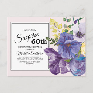 Carte Postale Fleurs aquarelles violettes sur fond rose pour 60e