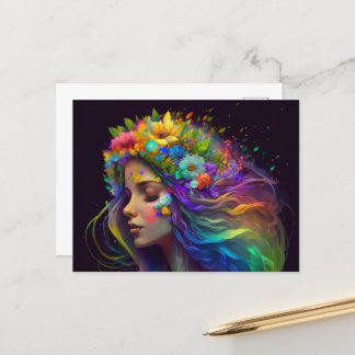 Carte Postale Fleurs arc-en-ciel et femme des cheveux