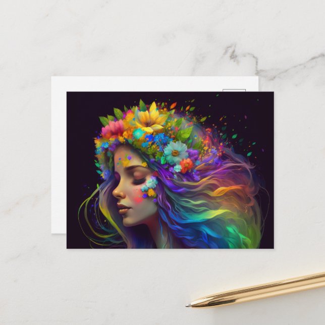 Carte Postale Fleurs arc-en-ciel et femme des cheveux (Devant/Arrière en situation)