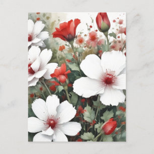 Carte Postale Fleurs blanches et rouges Elégante aquarelle
