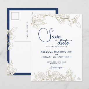 Carte Postale Fleurs Bleu Marine Or Mariage Économisez La Date 