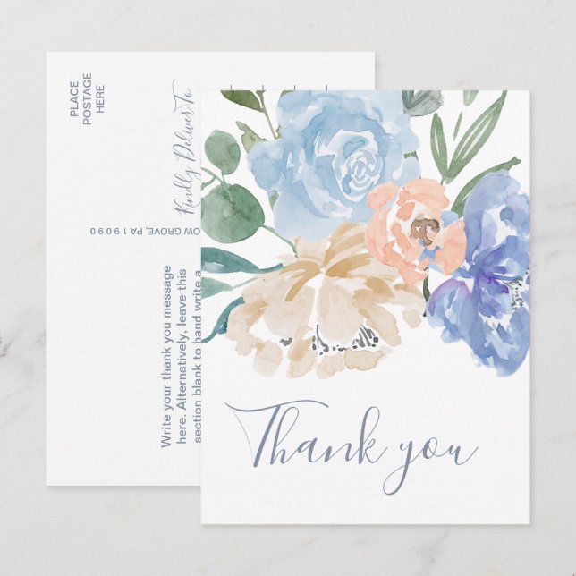 Carte Postale Fleurs Bleu Poussiéreux Remerciements (Devant / Derrière)