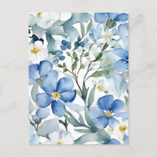 Carte Postale Fleurs Bleues Blancs Aquarelle Chic