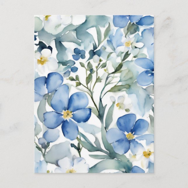 Carte Postale Fleurs Bleues Blancs Aquarelle Chic (Devant)