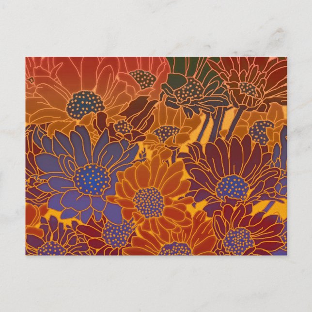 Carte Postale Fleurs Bleues Rouges Et Oranges (Devant)