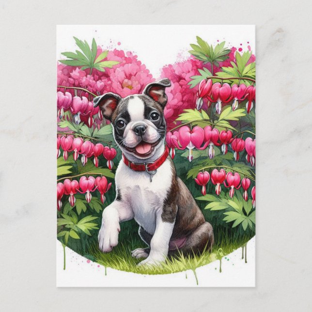 Carte Postale Fleurs cardiaques saignantes du chiot de Boston Te (Devant)
